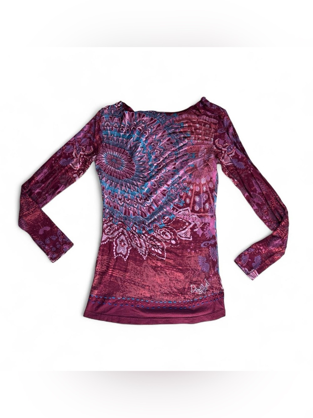 Vintage Y2K Desigual Burgundy Mandala Long Sleeve Top